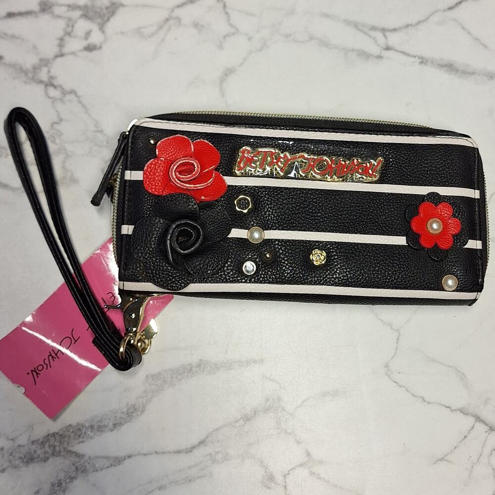 Betsey Johnson NEW zip around wristlet wallet faux leather w roses striped bling - Picture 12 of 13